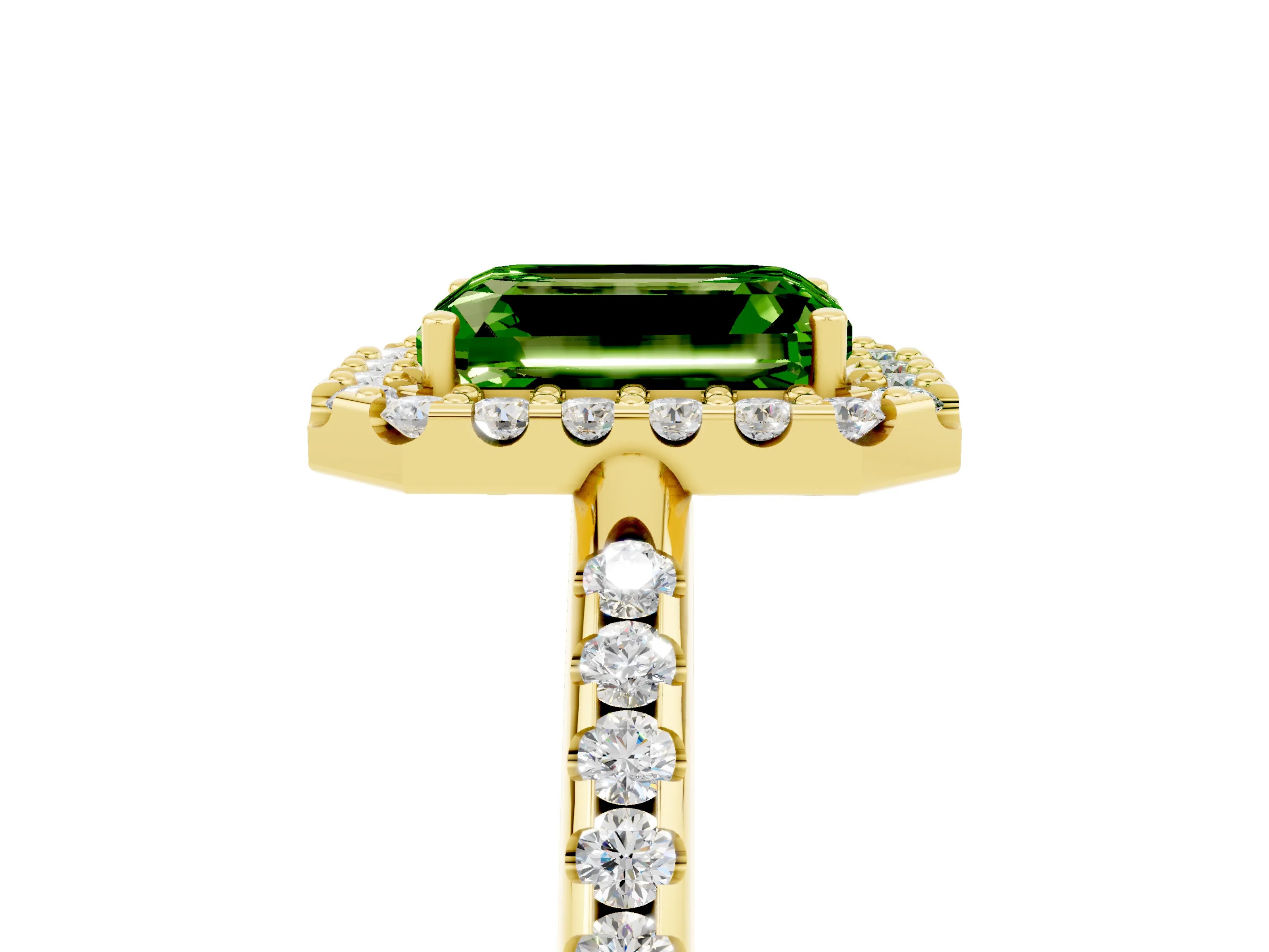 Yellow gold Emerald Cut Peridot Pavé Halo Ring with Four-Prong Setting_17