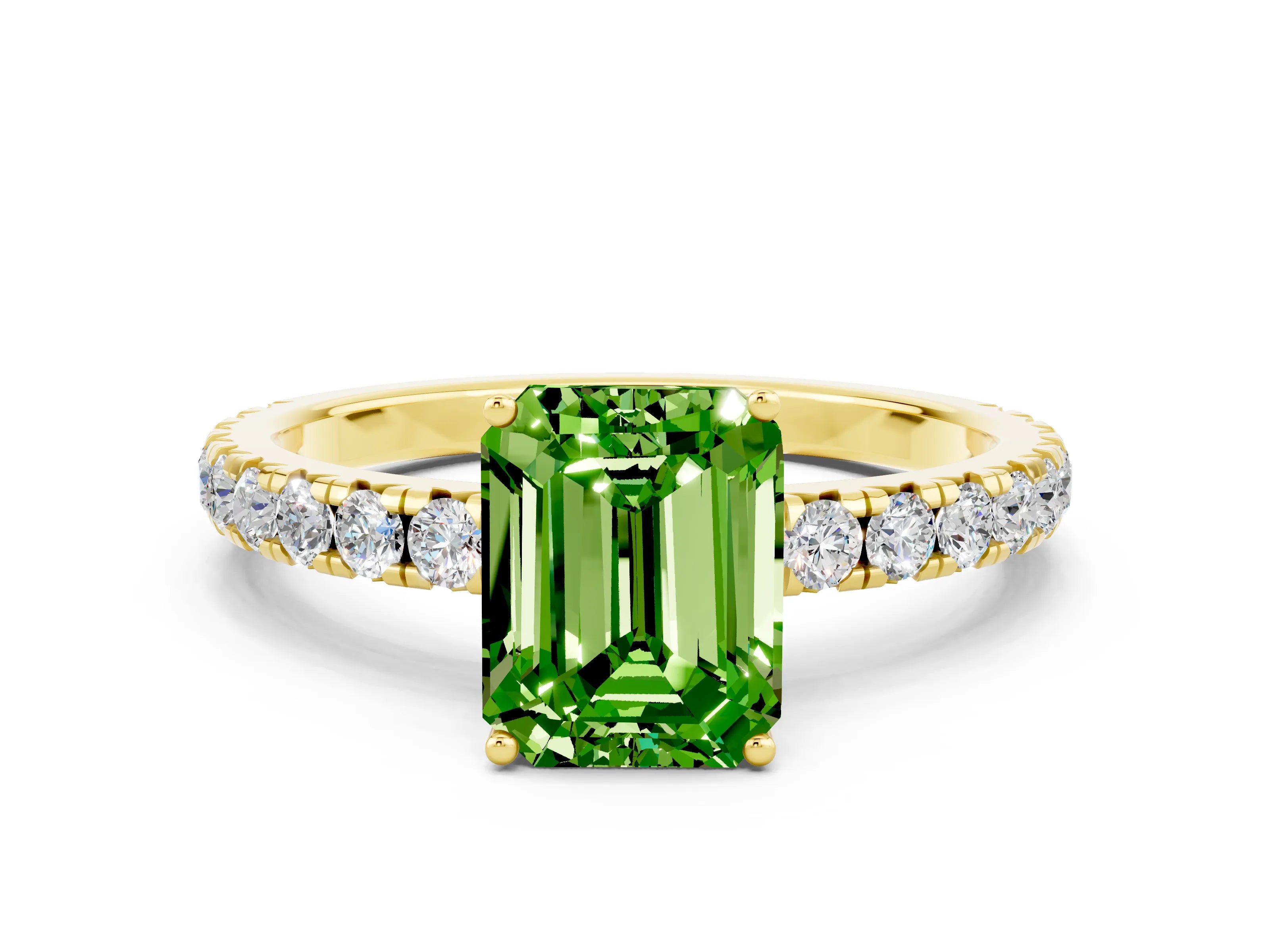 Yellow gold Emerald Cut Peridot Pavé Solitaire Engagement Ring with Four-Prong Setting_12