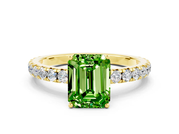 Yellow gold Emerald Cut Peridot Pavé Solitaire Engagement Ring with Four-Prong Setting