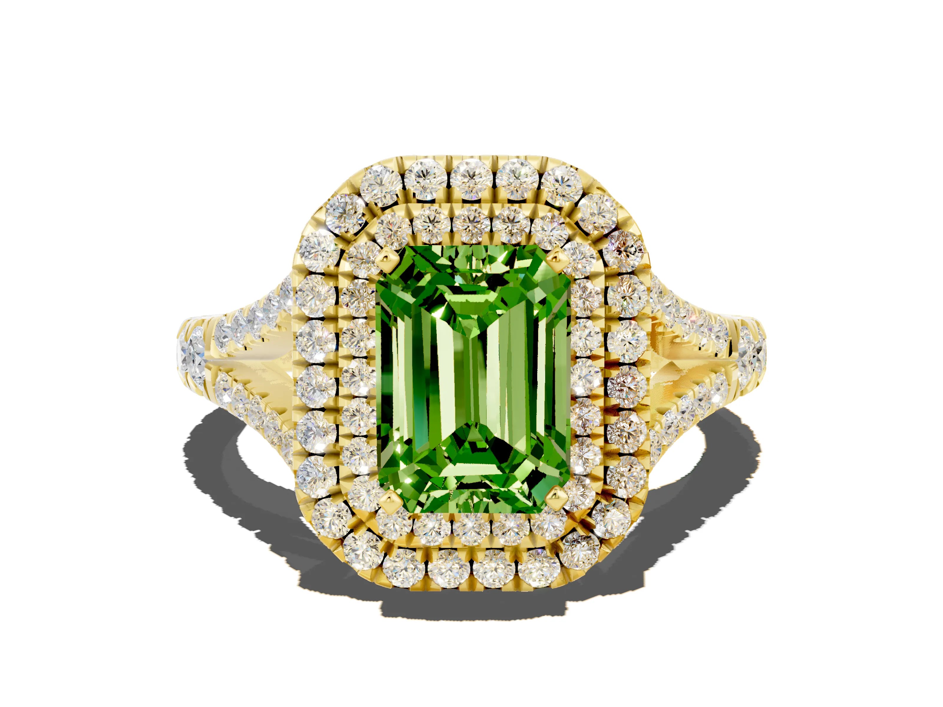 Yellow gold Emerald Cut Peridot Pavé Split Shank Double Halo Engagement Ring