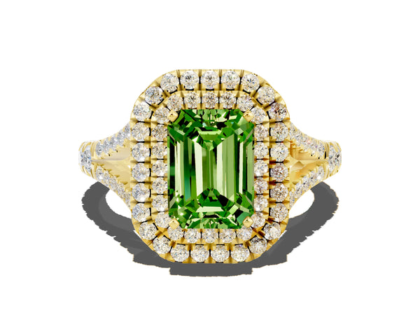 Yellow gold Emerald Cut Peridot Pavé Split Shank Double Halo Engagement Ring