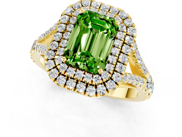 Yellow gold Emerald Cut Peridot Pavé Split Shank Double Halo Engagement Ring