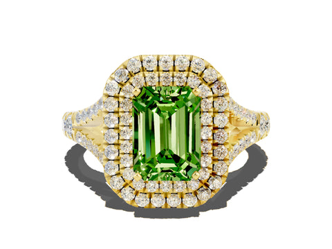 Yellow gold Emerald Cut Peridot Pavé Split Shank Double Halo Engagement Ring