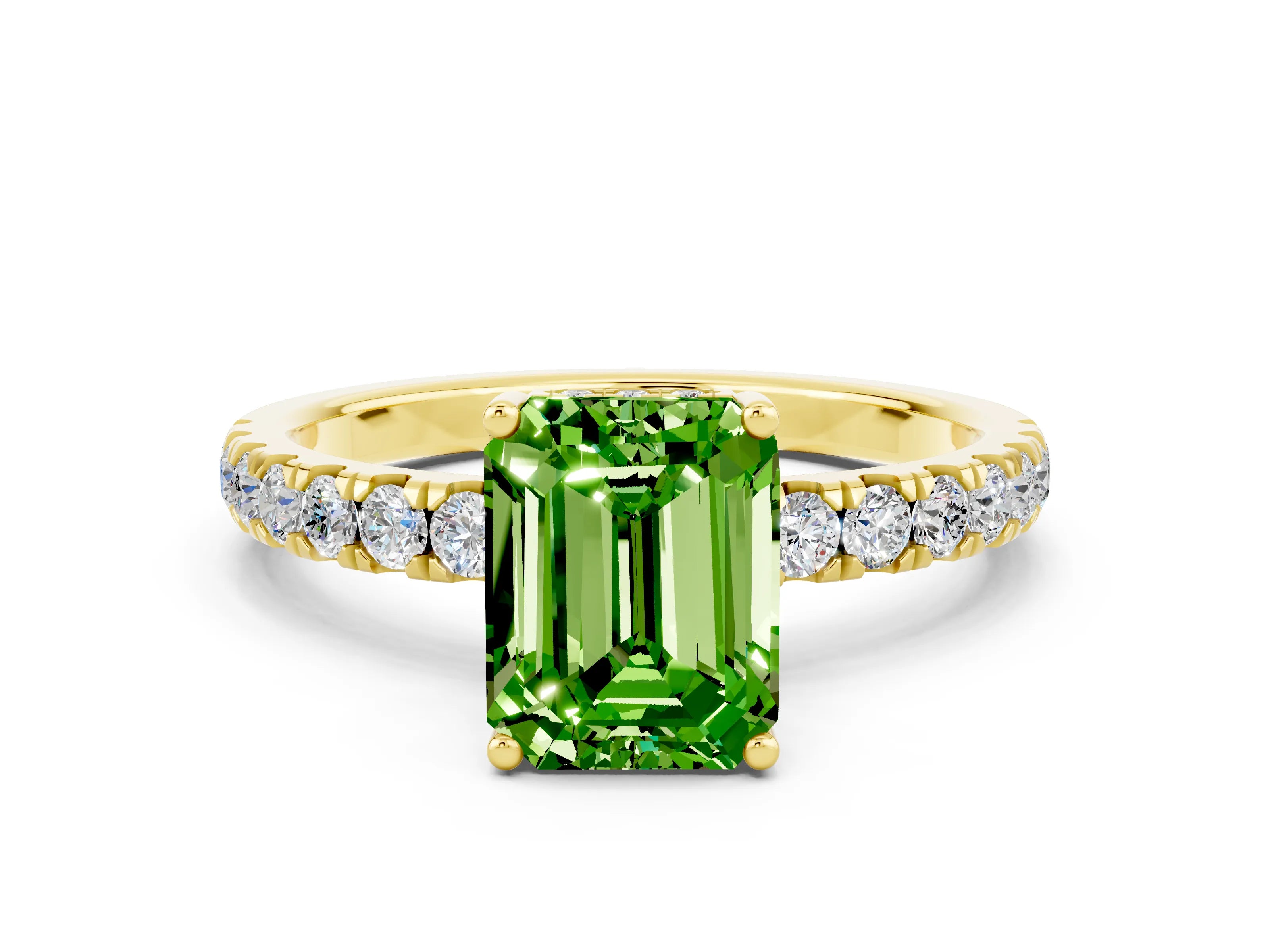 Yellow gold Emerald Cut Peridot Pave Band Solitaire Ring with Four-Prong Setting_24