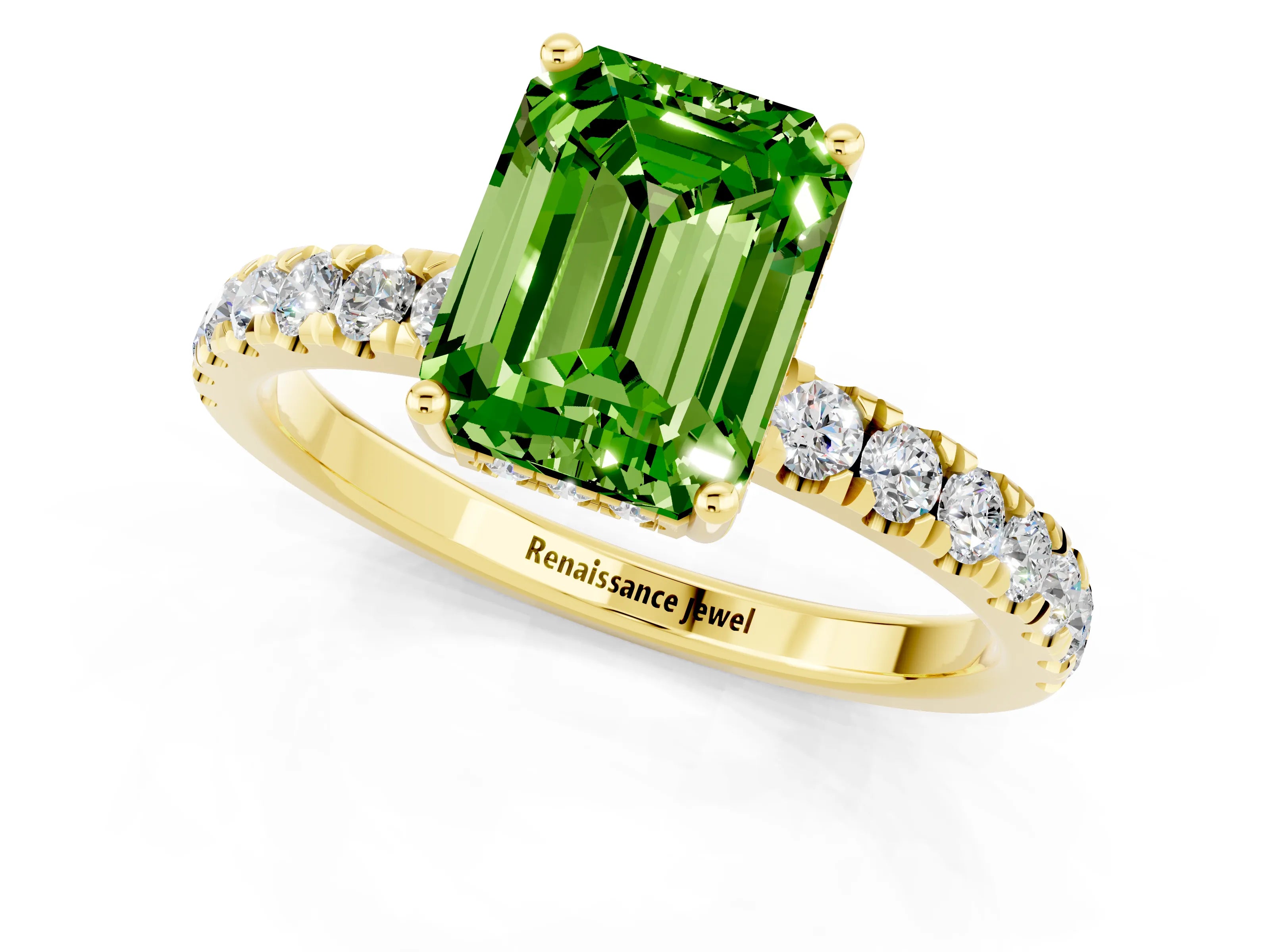 Yellow gold Emerald Cut Peridot Pave Band Solitaire Ring with Four-Prong Setting_25