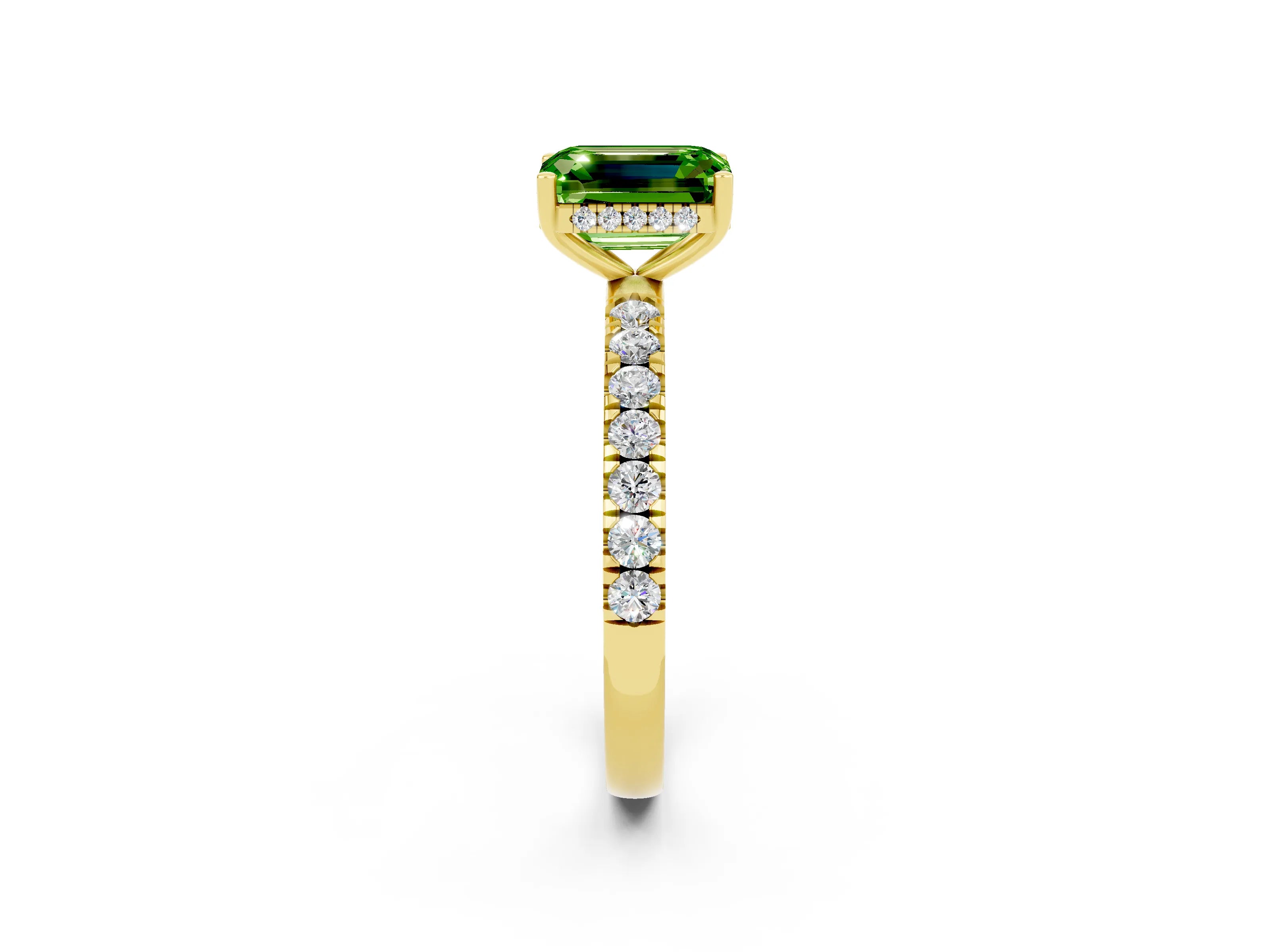 Yellow gold Emerald Cut Peridot Pave Band Solitaire Ring with Four-Prong Setting_26