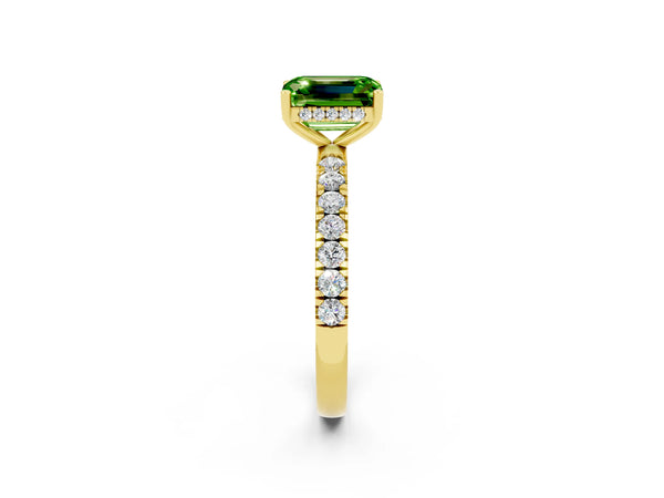 Yellow gold Emerald Cut Peridot Pave Band Solitaire Ring with Round  and Prong Setting