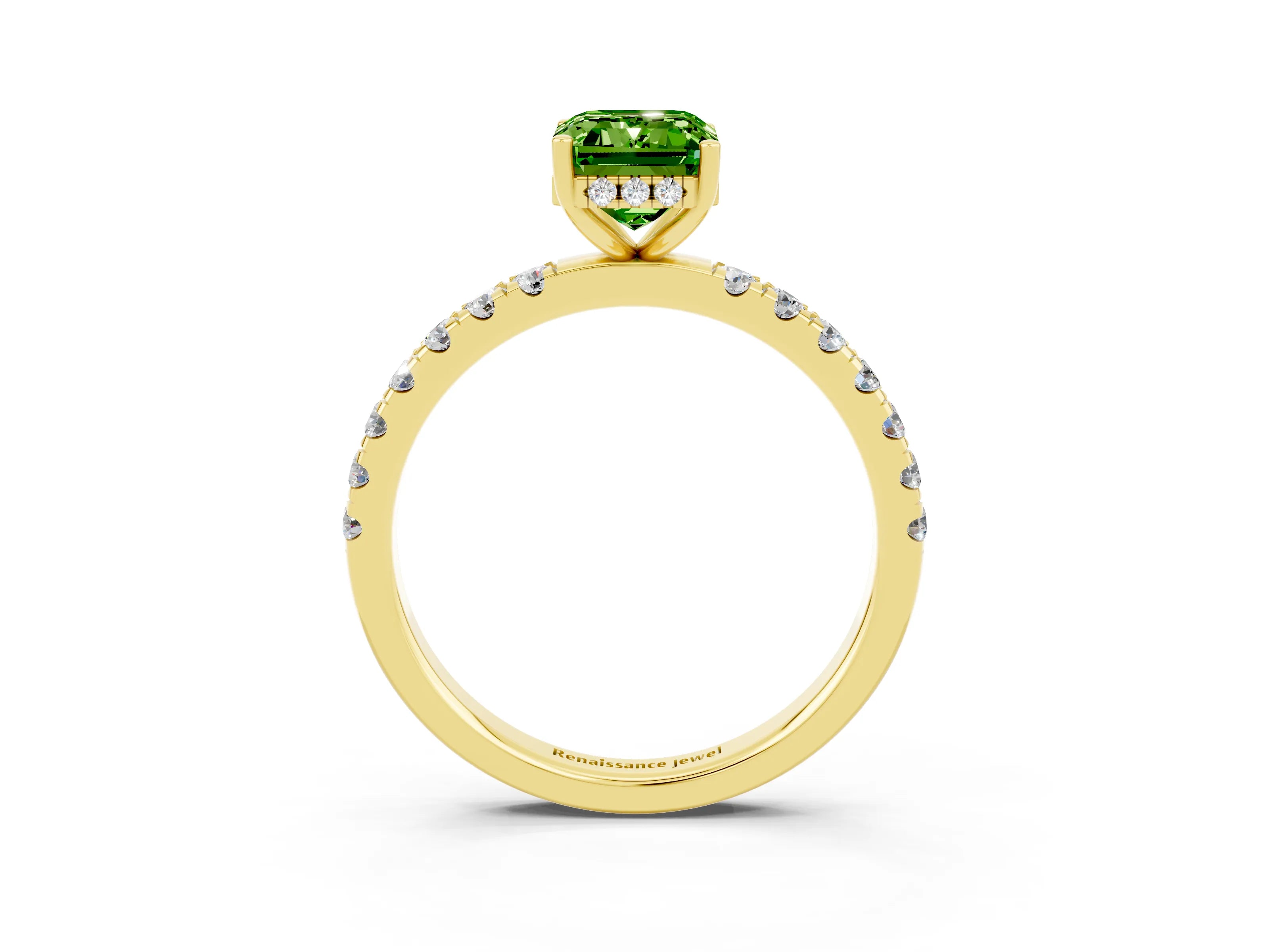 Yellow gold Emerald Cut Peridot Pave Band Solitaire Ring with Four-Prong Setting_27
