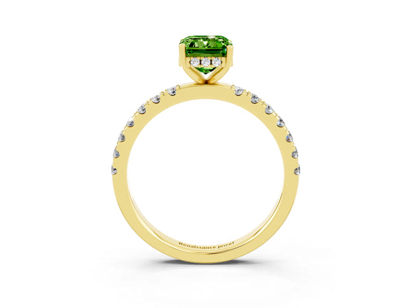 Yellow gold Emerald Cut Peridot Pave Band Solitaire Ring with Round  and Prong Setting