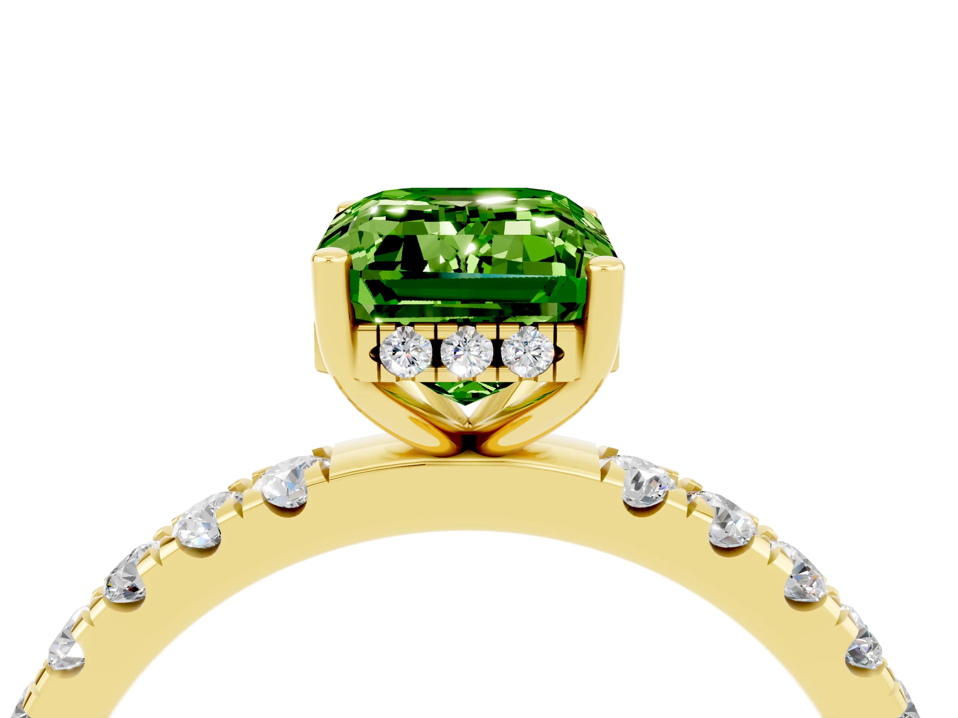 Yellow gold Emerald Cut Peridot Pave Band Solitaire Ring with Four-Prong Setting_28