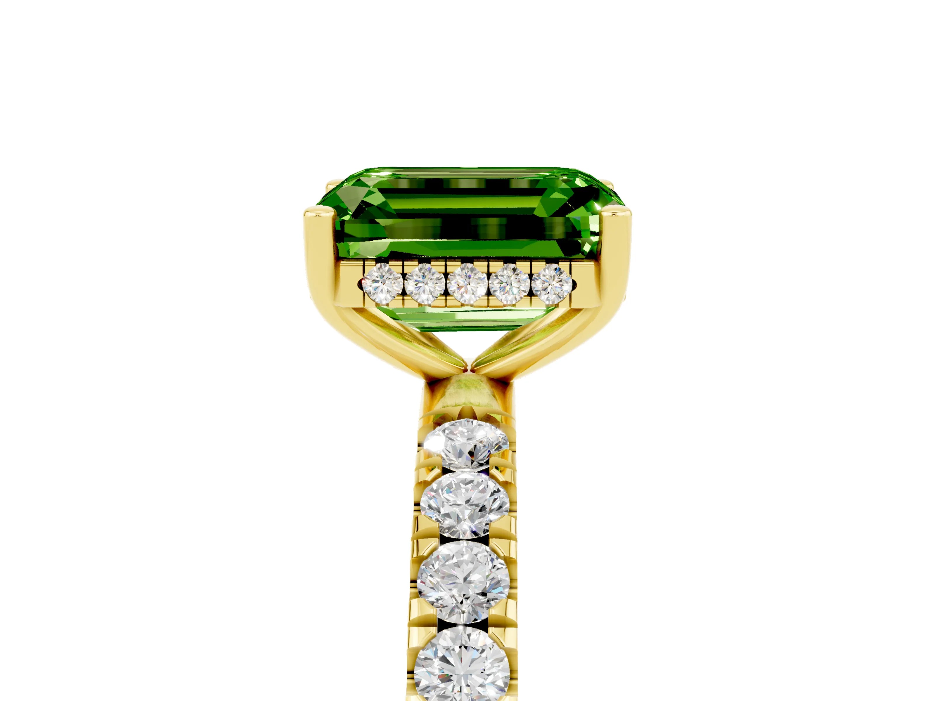 Yellow gold Emerald Cut Peridot Pave Band Solitaire Ring with Four-Prong Setting_29