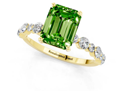 Yellow gold Emerald Cut Peridot Prong Set Engagement Ring with Pavé Band_1