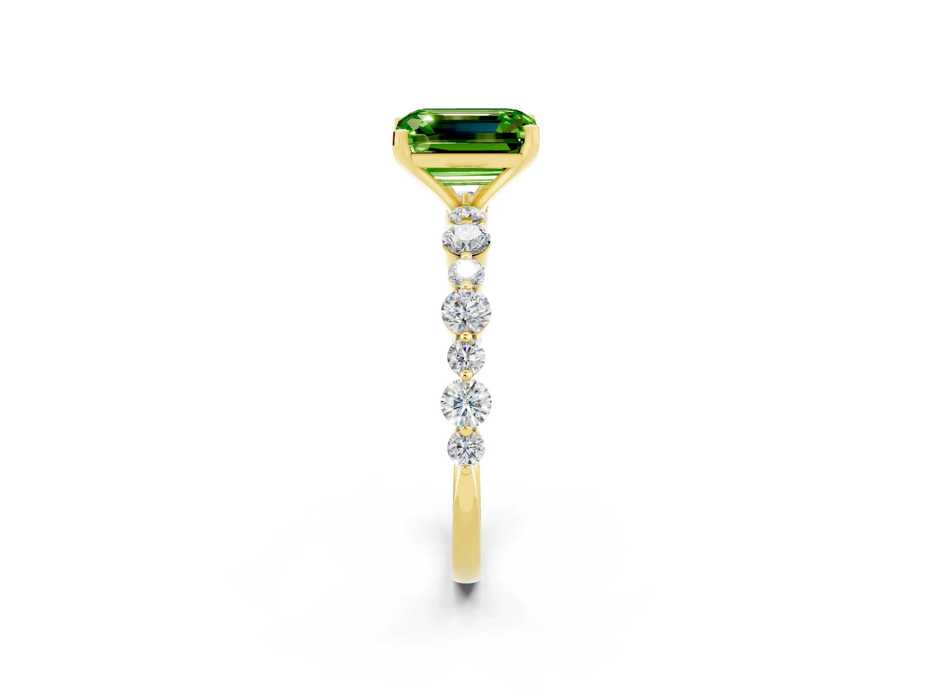 Yellow gold Emerald Cut Peridot Prong Set Engagement Ring with Pavé Band_2