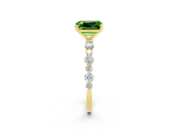 Yellow gold Emerald Cut Peridot Prong Set Engagement Ring with Pavé Band