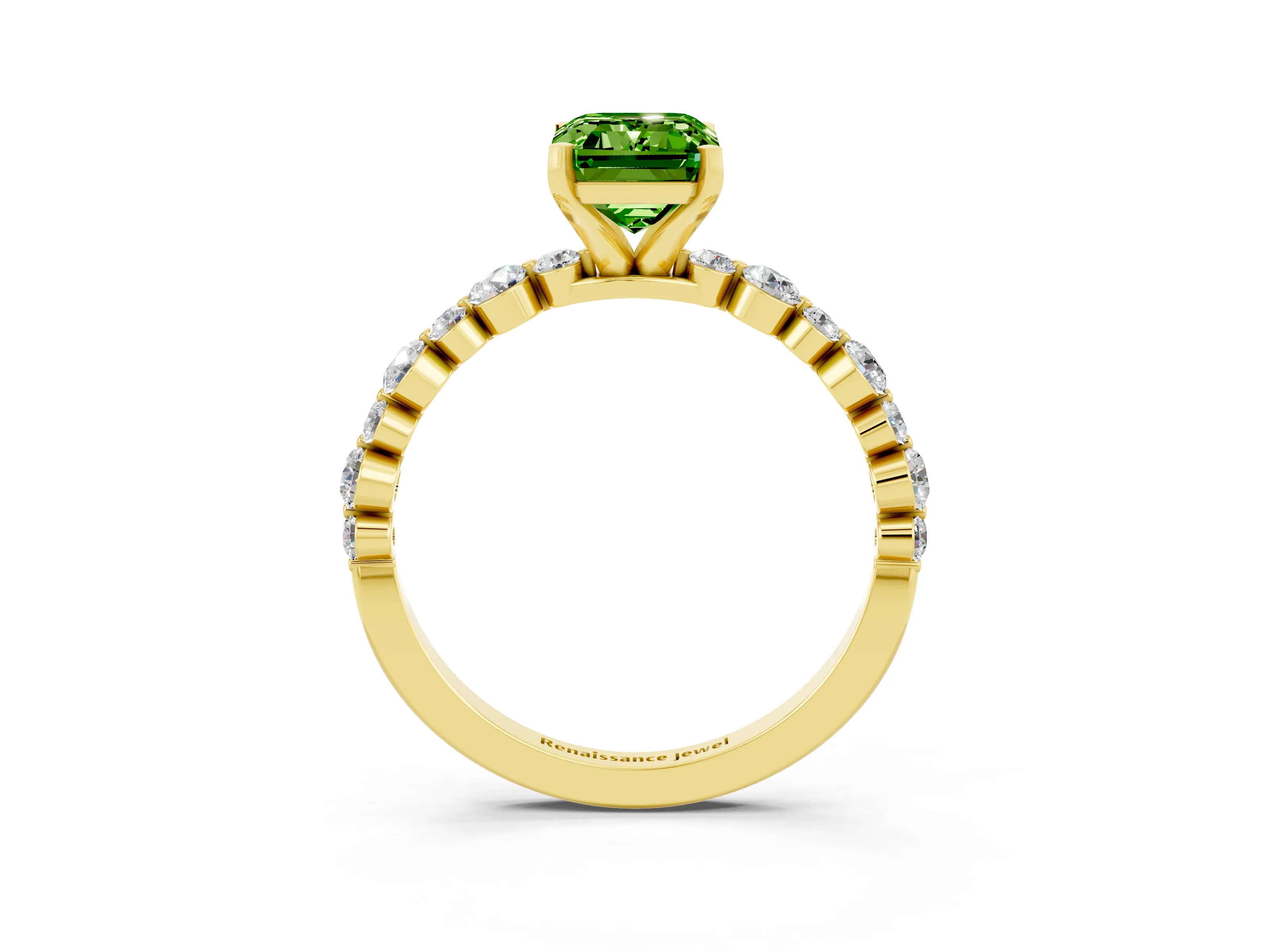 Yellow gold Emerald Cut Peridot Prong Set Engagement Ring with Pavé Band_3