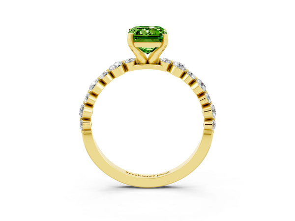 Yellow gold Emerald Cut Peridot Prong Set Engagement Ring with Pavé Band