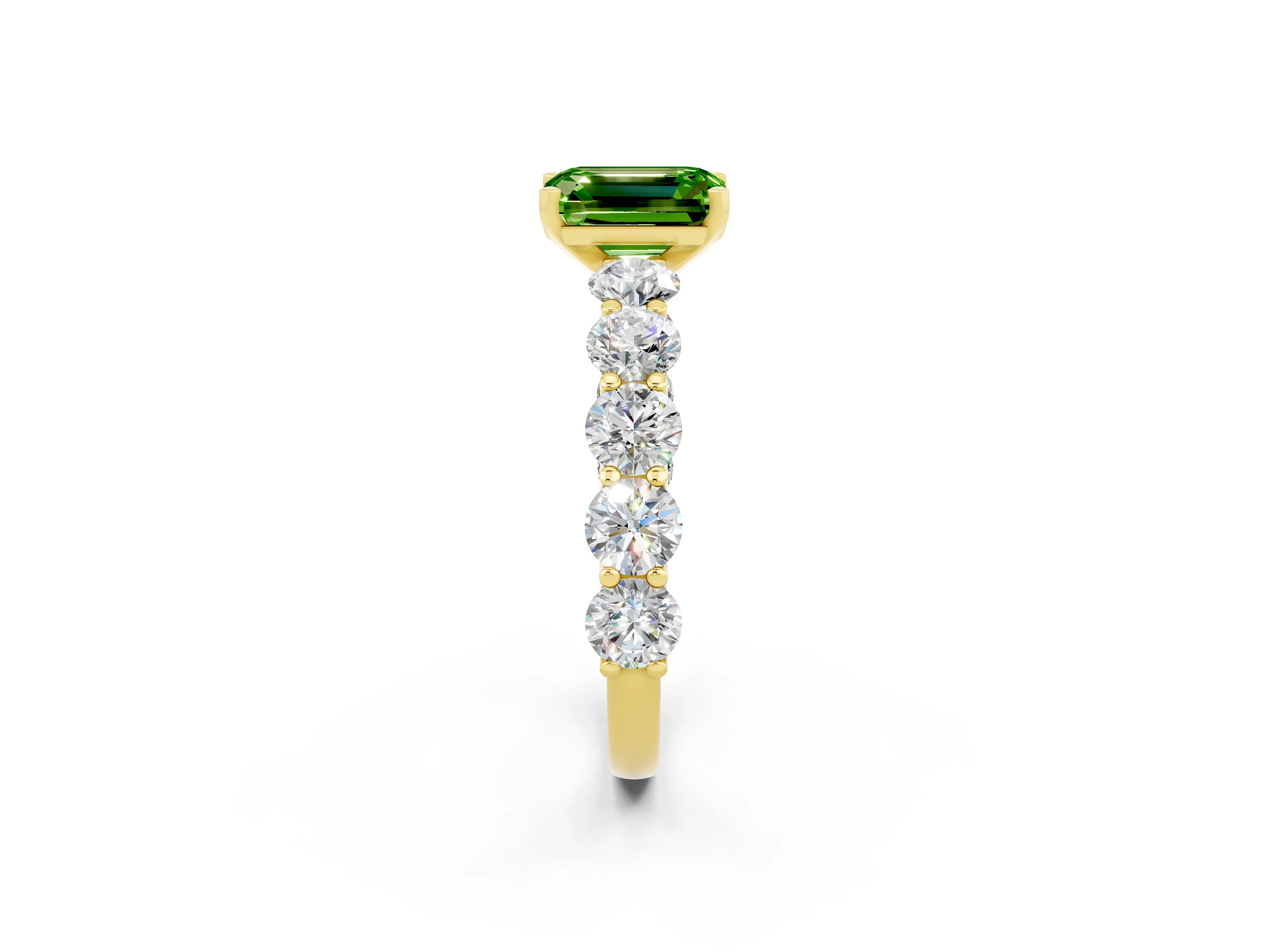 Yellow gold Emerald Cut Peridot Prong Setting with Side Stones on a Pave Band_2