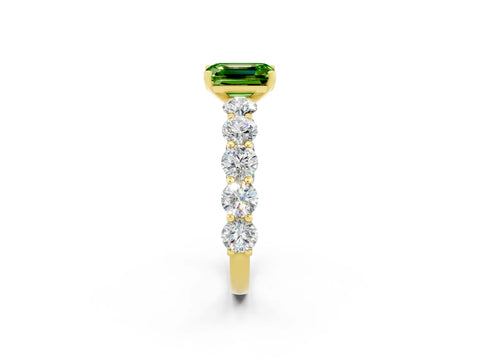 Yellow gold Emerald Cut Peridot Prong Setting with Side Stones on a Pave Band_2