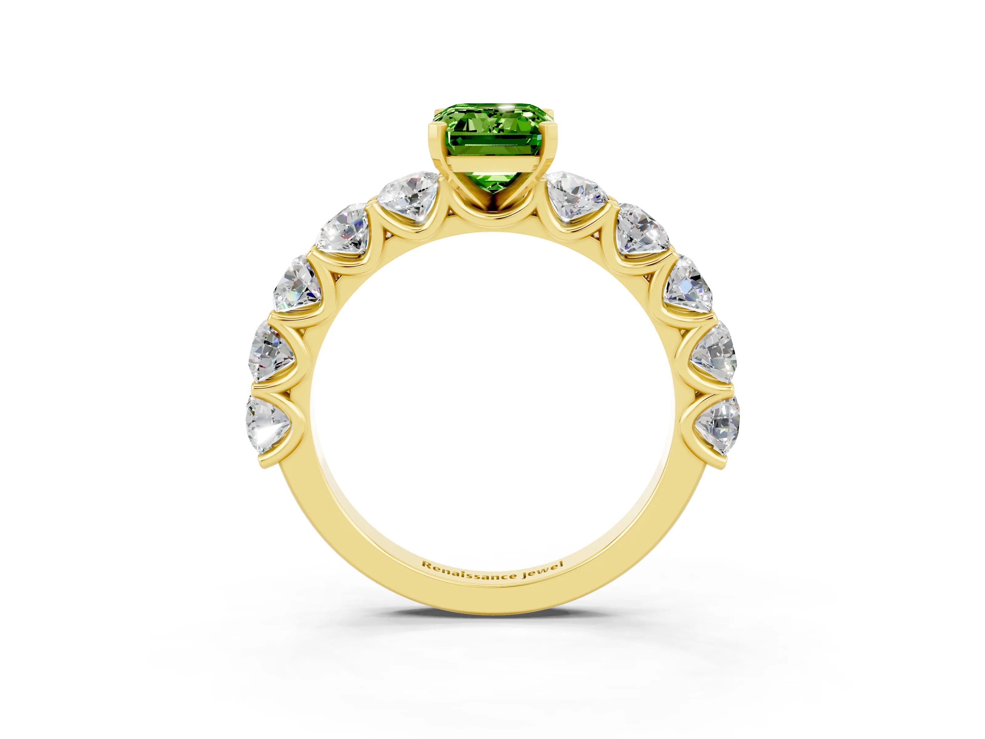 Yellow gold Emerald Cut Peridot Prong Setting with Side Stones on a Pave Band_3