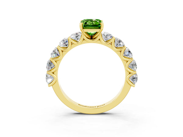 Yellow gold Emerald Cut Peridot Prong Setting with Side Stones on a Pave Band