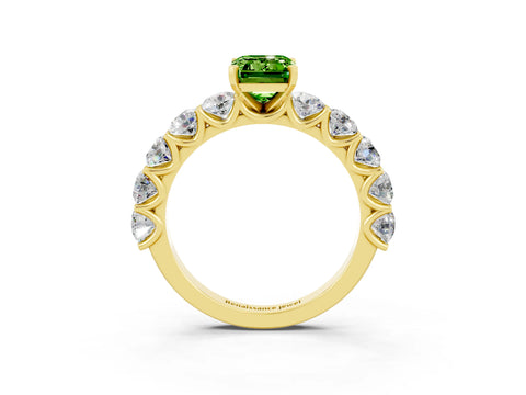 Yellow gold Emerald Cut Peridot Prong Setting with Side Stones on a Pave Band_3