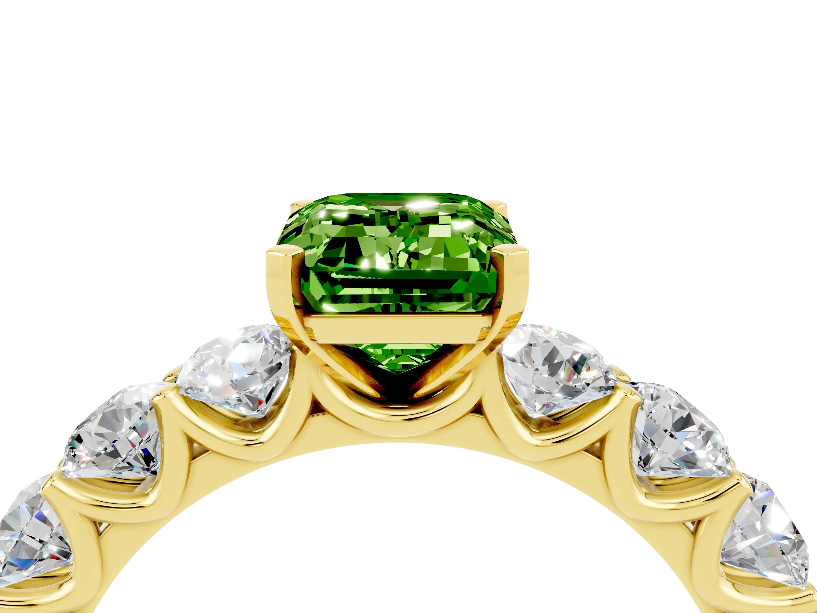 Yellow gold Emerald Cut Peridot Prong Setting with Side Stones on a Pave Band_4