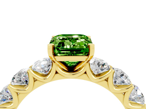 Yellow gold Emerald Cut Peridot Prong Setting with Side Stones on a Pave Band_4