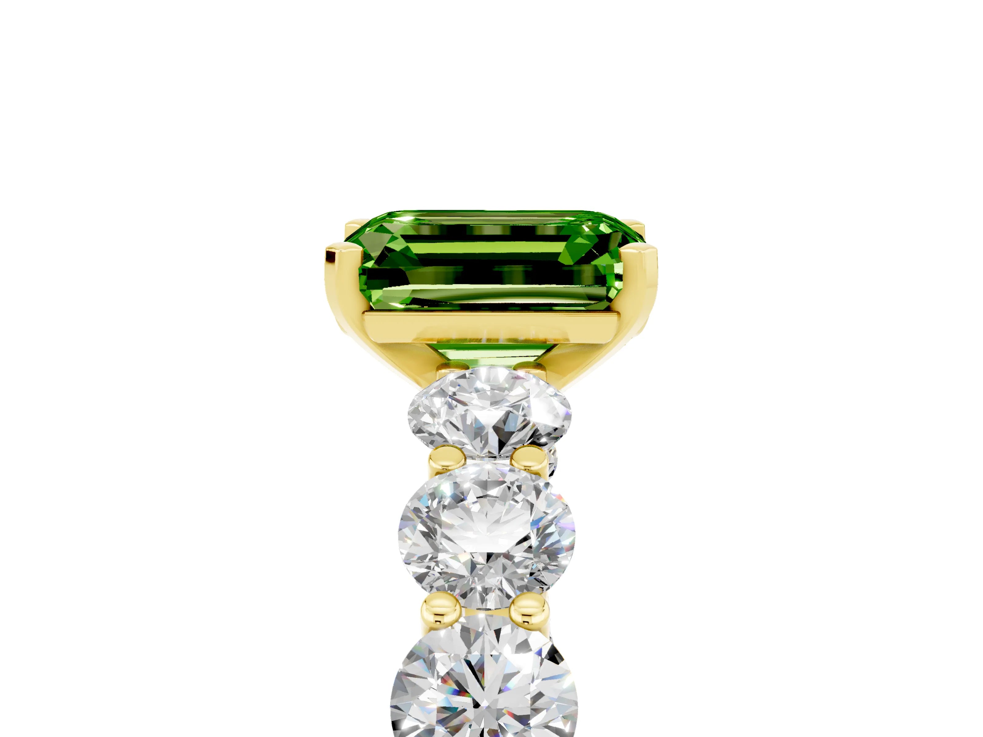 Yellow gold Emerald Cut Peridot Prong Setting with Side Stones on a Pave Band_5