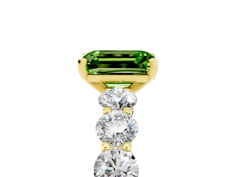 Yellow gold Emerald Cut Peridot Prong Setting with Side Stones on a Pave Band_5