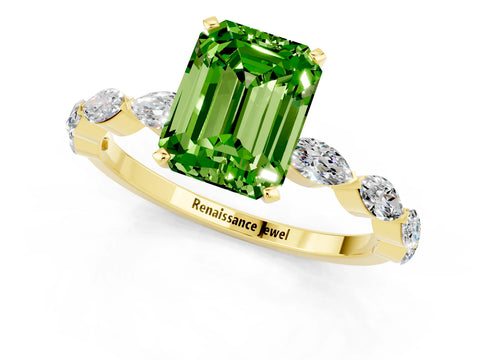 Yellow gold Emerald Cut Peridot Ring with Marquise Side Stones and Prong Setting_1