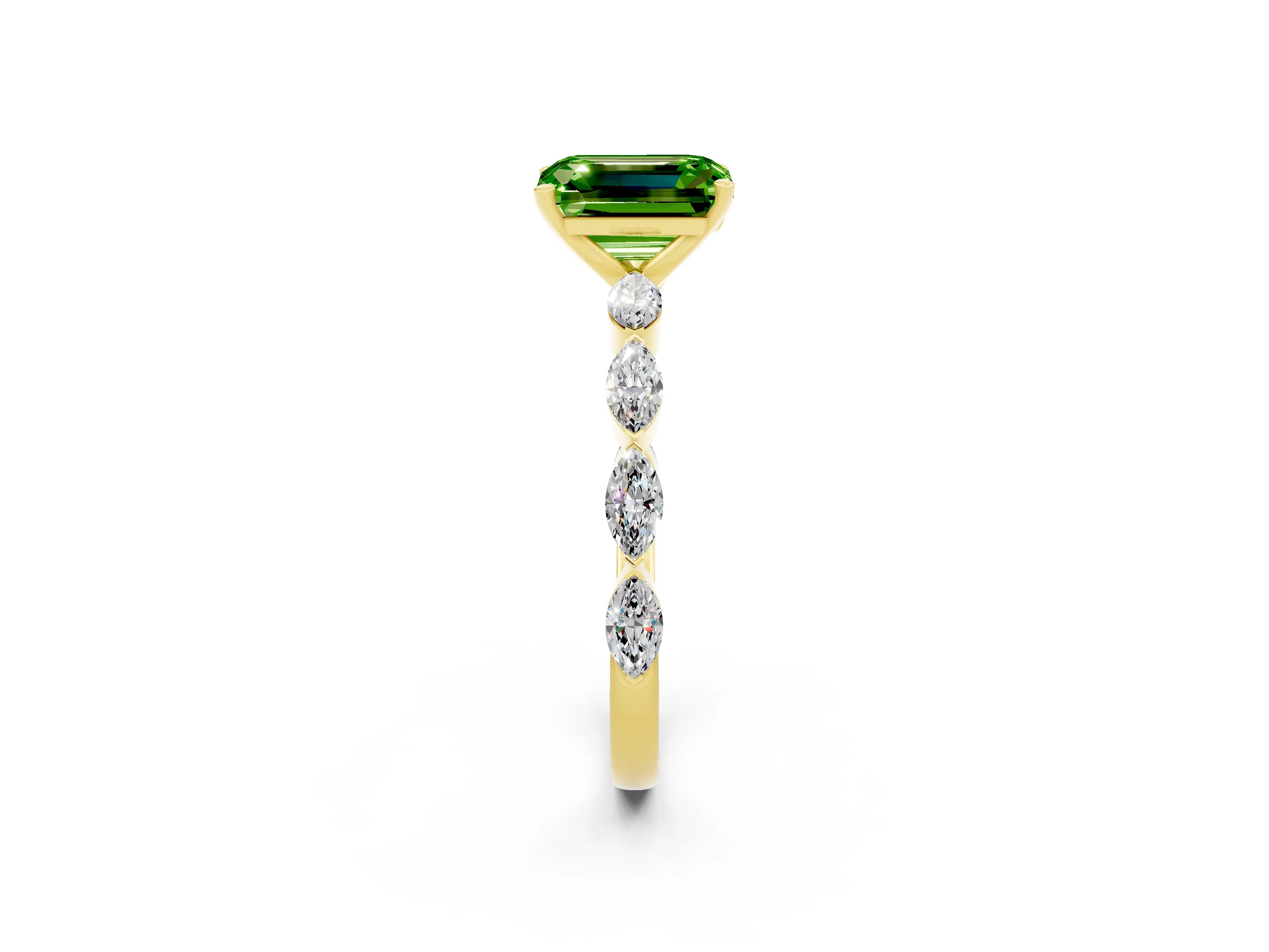 Yellow gold Emerald Cut Peridot Ring with Marquise Side Stones and Prong Setting_2