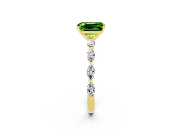 Yellow gold Emerald Cut Peridot Ring with Marquise Side Stones and Prong Setting
