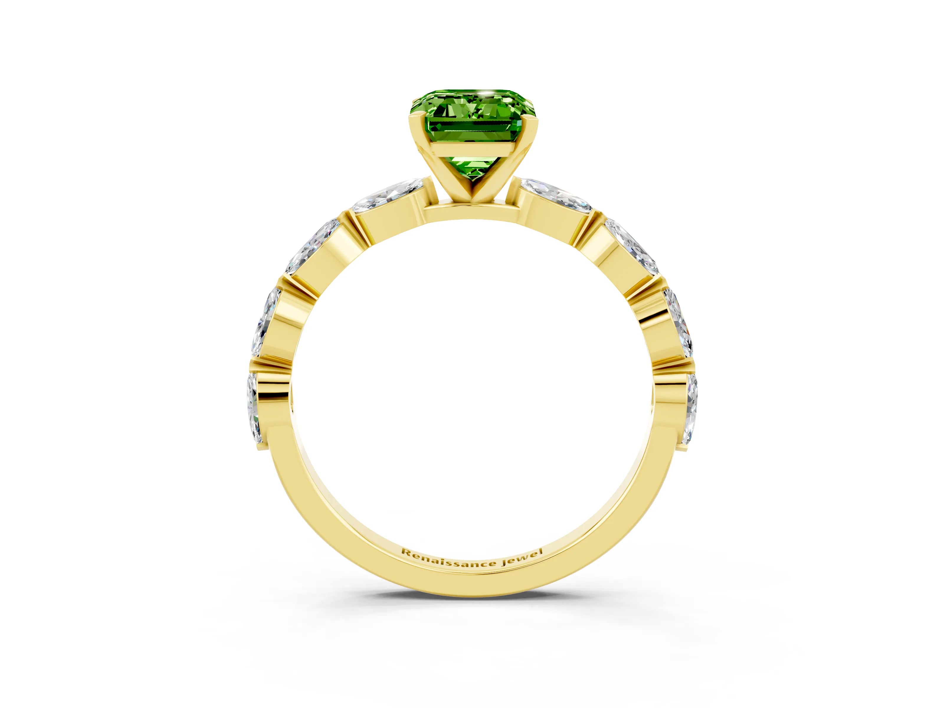 Yellow gold Emerald Cut Peridot Ring with Marquise Side Stones and Prong Setting_3