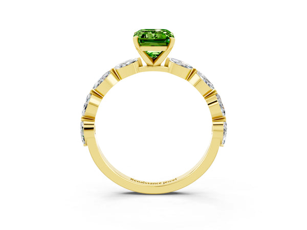 Yellow gold Emerald Cut Peridot Ring with Marquise Side Stones and Prong Setting