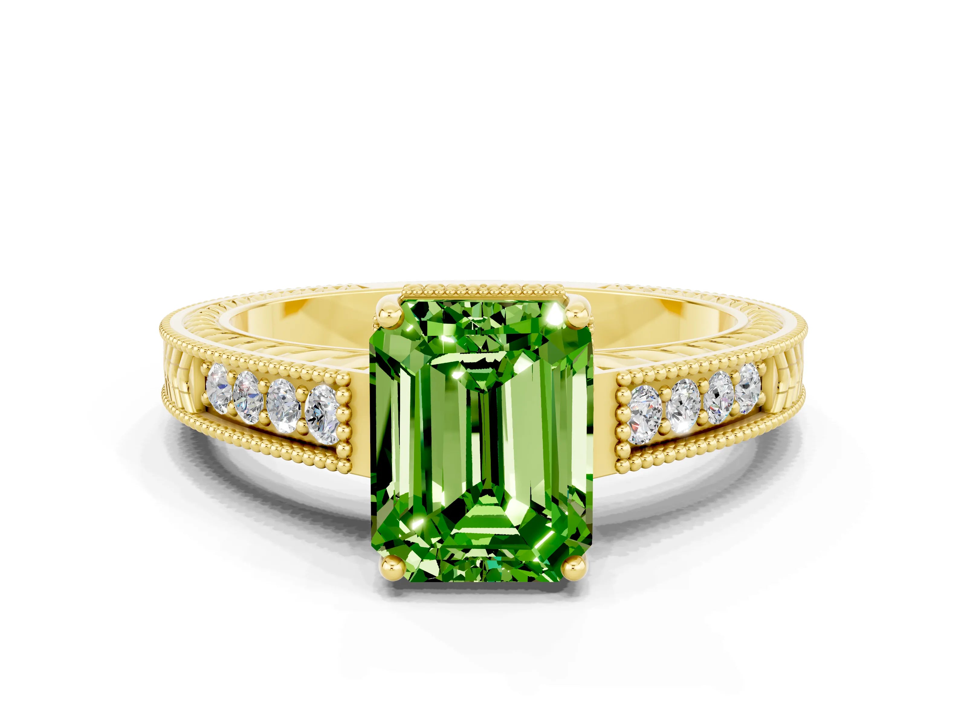 Yellow gold Emerald Cut Peridot Ring with Milgrain Pavé Band and Four-Prong Setting_12