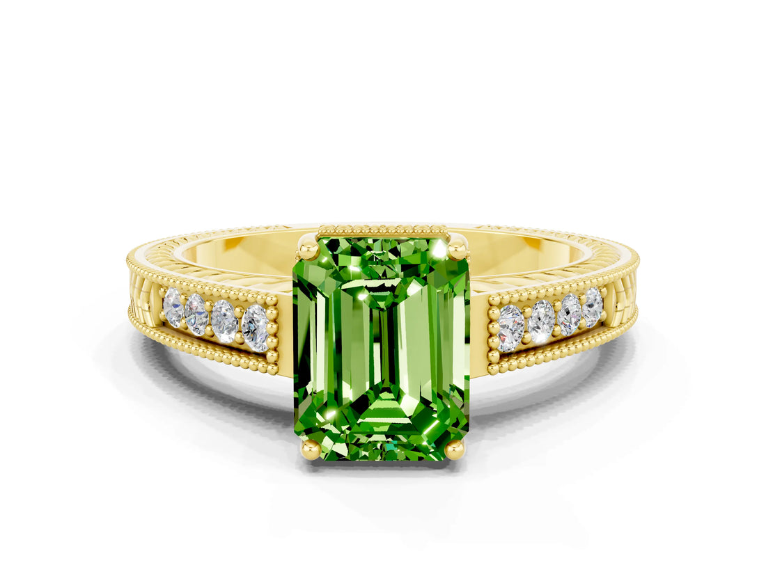 Yellow gold Emerald Cut Peridot Ring with Milgrain Pavé Band and Four-Prong Setting_12