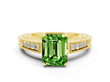 Yellow gold Emerald Cut Peridot Ring with Milgrain Pavé Band and Four-Prong Setting_12
