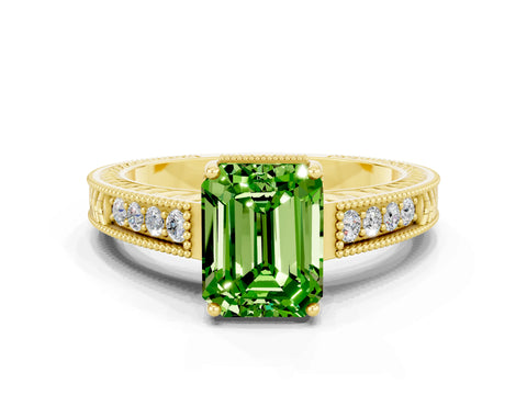 Yellow gold Emerald Cut Peridot Ring with Milgrain Pavé Band and Four-Prong Setting_12