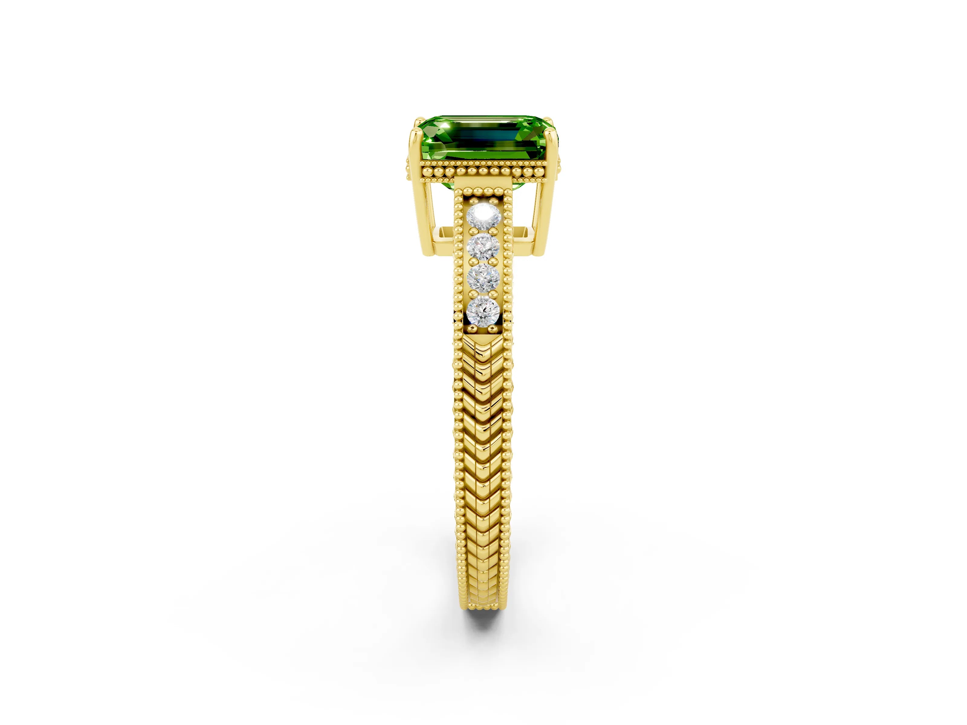 Yellow gold Emerald Cut Peridot Ring with Milgrain Pavé Band and Four-Prong Setting_14
