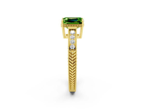 Yellow gold Emerald Cut Peridot Ring with Milgrain Pavé Band and Four-Prong Setting