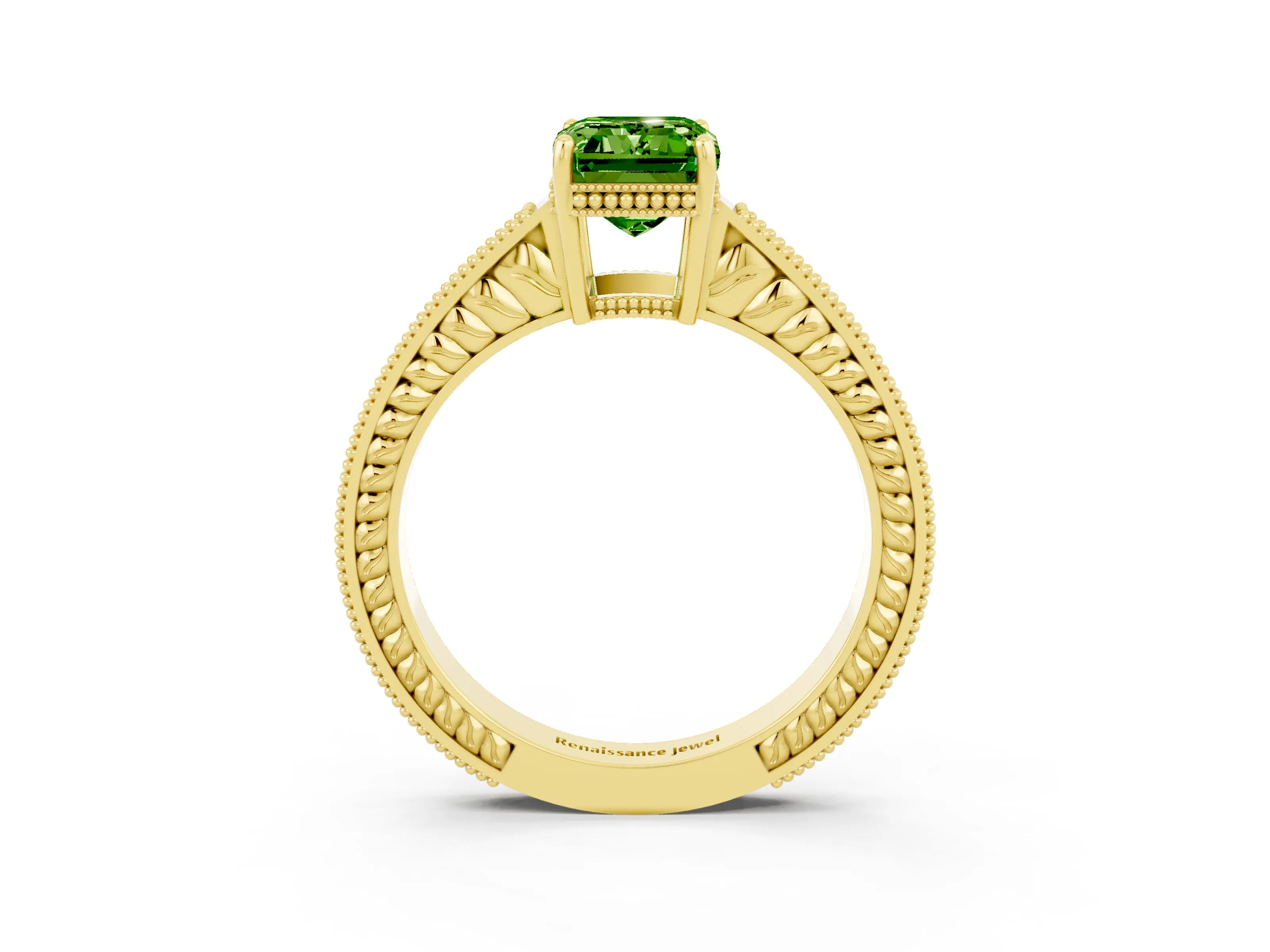 Yellow gold Emerald Cut Peridot Ring with Milgrain Pavé Band and Four-Prong Setting_15