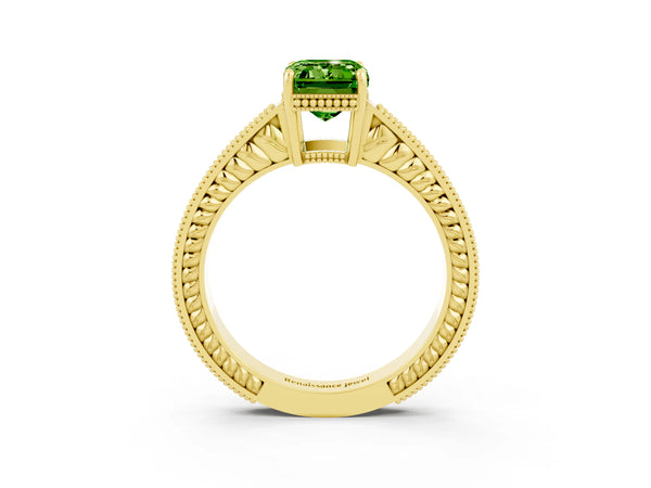 Yellow gold Emerald Cut Peridot Ring with Milgrain Pavé Band and Four-Prong Setting