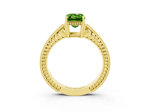Yellow gold Emerald Cut Peridot Ring with Milgrain Pavé Band and Four-Prong Setting_15