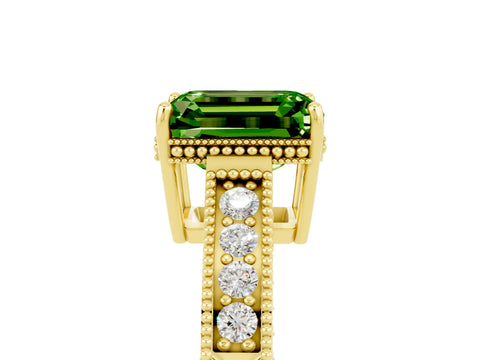 Yellow gold Emerald Cut Peridot Ring with Milgrain Pavé Band and Four-Prong Setting_17