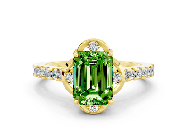Yellow gold Emerald Cut Peridot Ring with Pavé Band and Floral Prong Setting