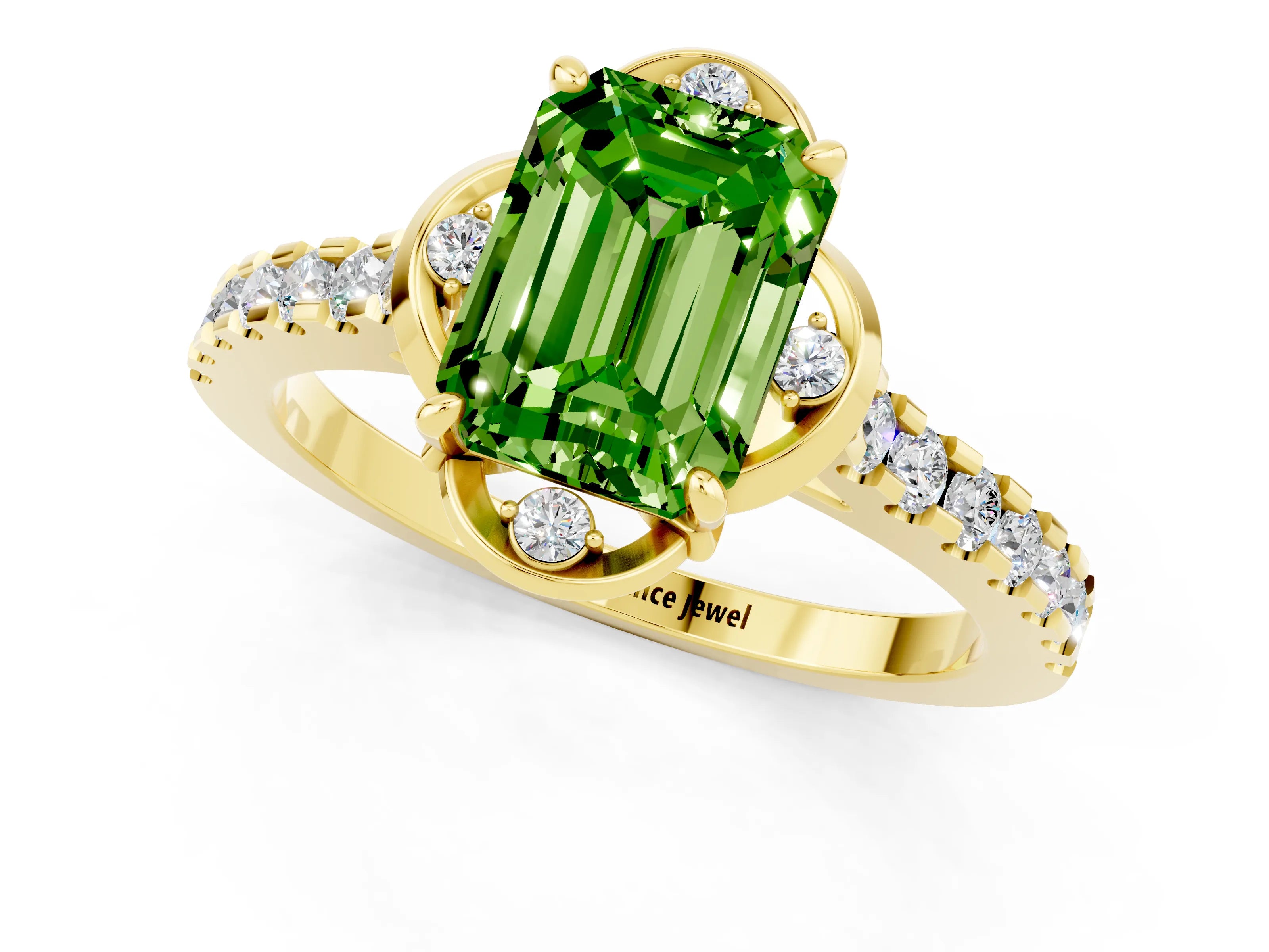 Yellow gold Emerald Cut Peridot Ring with Pavé Band and Floral Prong Setting_1
