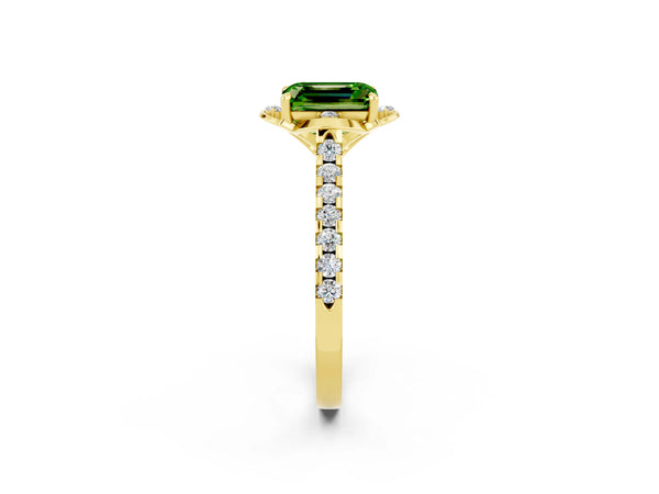 Yellow gold Emerald Cut Peridot Ring with Pavé Band and Floral Prong Setting