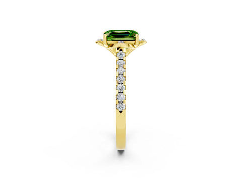 Yellow gold Emerald Cut Peridot Ring with Pavé Band and Floral Prong Setting_2