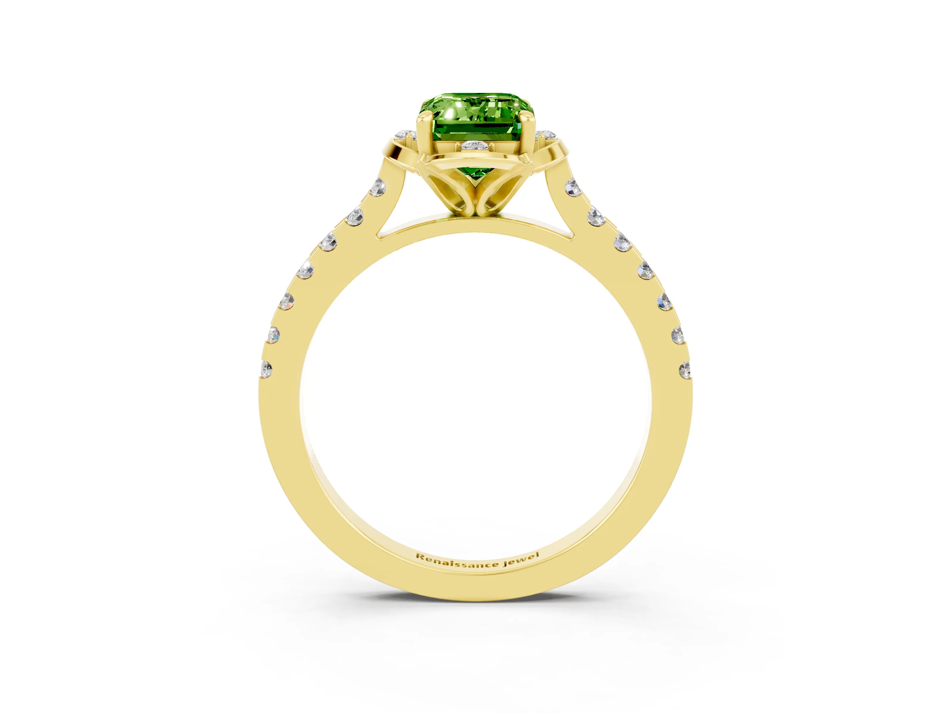 Yellow gold Emerald Cut Peridot Ring with Pavé Band and Floral Prong Setting_3