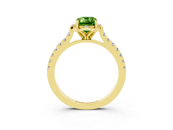 Yellow gold Emerald Cut Peridot Ring with Pavé Band and Floral Prong Setting